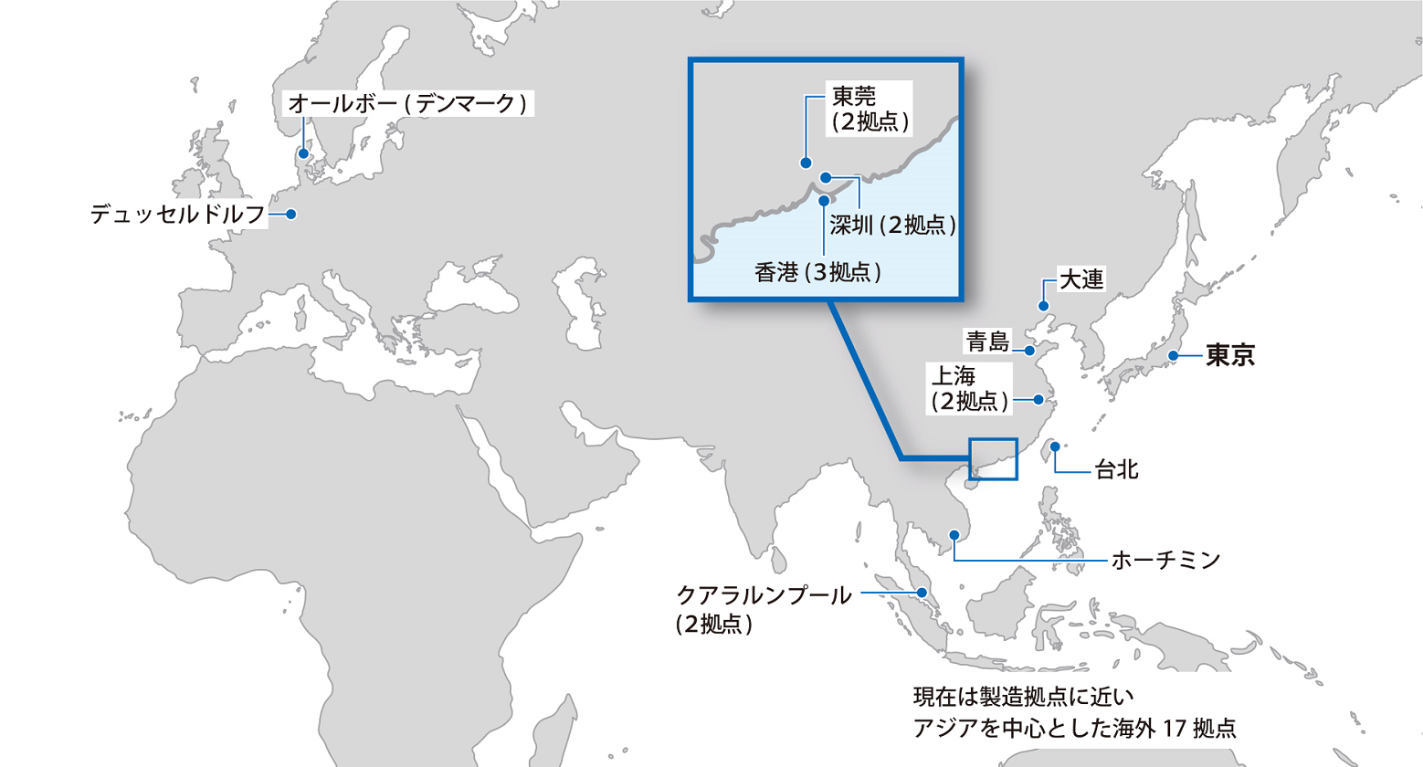 オールボルグ（デンマーク）、デュッセルドルフ、ミラノ、ホーチミン、バンコク、クアラルンプール、ジャカルタ、大連、青島、上海、台北、東京、千葉、広州、香港、深圳、東芫